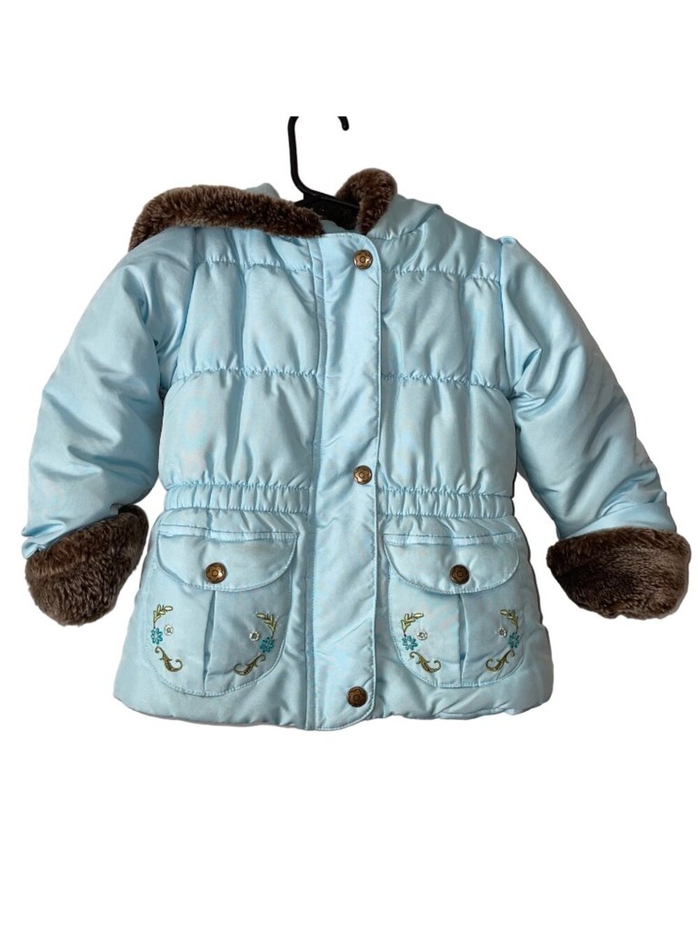 London Fog Baby Girls' Blue Winter Coat Faux Fur Embroidered Pockets Size 18M